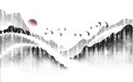 中式水墨意境山水飞鸟壁画背景墙