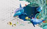 3D立体海洋动物卧室背景墙