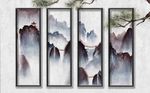 新中式山水楼阁小桥松枝背景墙
