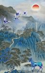中式唯美山水画白鹤小鹿装饰画