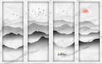 大理石蓝色山水飞鸟日出背景墙