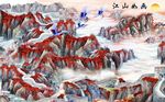 长城国画映山红山峰背景墙