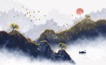 创意金色山峦飞鸟背景墙