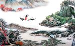 桃花鲤鱼山水白鹤背景墙