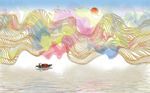 中式梦幻抽象线条山水画背景墙