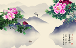 大型牡丹花鸟山水背景墙壁画
