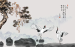 仙鹤松树中式水墨画玄关屏风背景