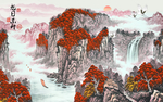 旭日东升中式水墨画玄关屏风背景