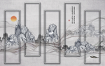 中式窗框山水玄关屏风背景墙底纹