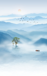 蓝色水墨山水玄关壁画背景墙底纹