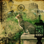猫咪路灯围墙英伦怀旧复古无框画