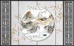 中式手绘工笔花鸟山水创意背景墙