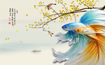 3D立体浮雕鲤鱼背景墙壁画