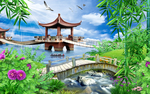 山水瀑布背景墙装饰画