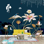 荷花写意 手绘 室内墙绘画作品