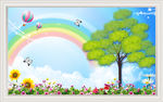 儿童卡通彩虹花卉小树电视背景墙