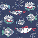 日系风海洋海鱼贝壳线条数码印花