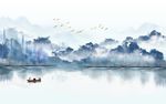小船新中式水墨山水背景墙