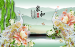 家和富贵牡丹孔雀竹子玉雕背景墙
