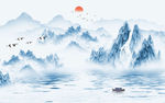 新中式抽象蓝色意境山水画背景墙