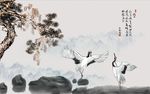新中式水墨山水松树仙鹤背景墙