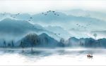 朦胧山水树倒影背景墙