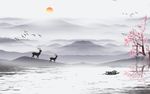 中国风山水麋鹿桃花背景墙