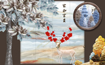 立体浮雕麋鹿发财树背景墙