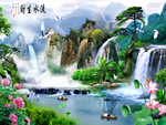 流水生财迎客松山水画