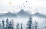 中国风山水树林客厅电视背景墙