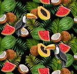 手绘热带植物热带水果大嘴鸟图案