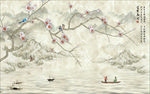 新中式浮雕梅花山水倒影背景墙