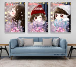 可爱卡通女孩浪漫花朵无框画