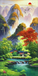 流水生财山水风景油画旭日挂画