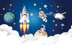 火箭宇宙太空宇航员儿童房背景墙