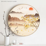 新中式山水银杏叶圆形装饰画