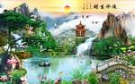 高清风水山水瀑布流水生财背景墙
