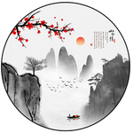 新中式梅花意境山水圆形装饰画图