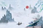 蓝色意境山水背景墙