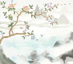 新中式温泉花鸟电视背景墙