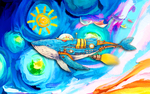手绘梦幻星空鲸鱼儿童房背景墙