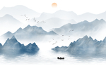 蓝色意境水墨山水画 山水壁画