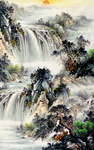 高山流水中式山水画玄关背景墙