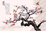 中式桃花砖墙手绘花鸟背景