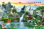 高清风水山水瀑布流水生财背景墙