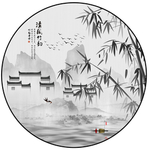 新中式竹子徽派山水圆形装饰画