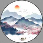 新中式抽象水墨山水圆形装饰画