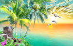 海景椰子树风景画背景墙
