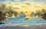 欧式日落海景油画背景墙