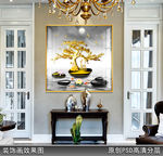 发财树石来运转山水玄关画